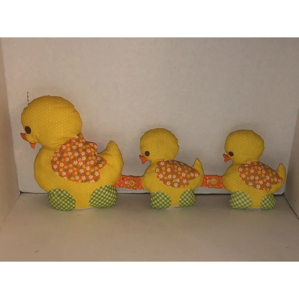 Vintage 60s 70s Duck Family Stuffed Plush Buttoned Mama & Two Ducklings Flowers